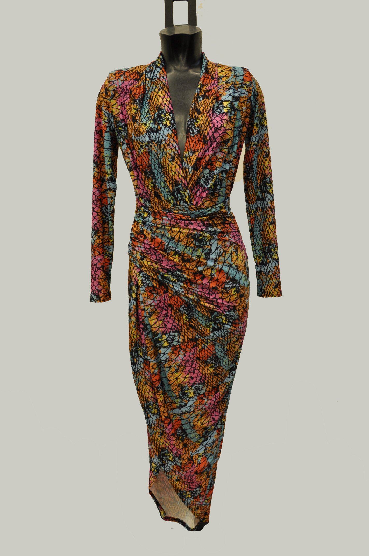 Long Sleeve Wrap Front Maxi Dress in Colourful Snake Print - John Zack